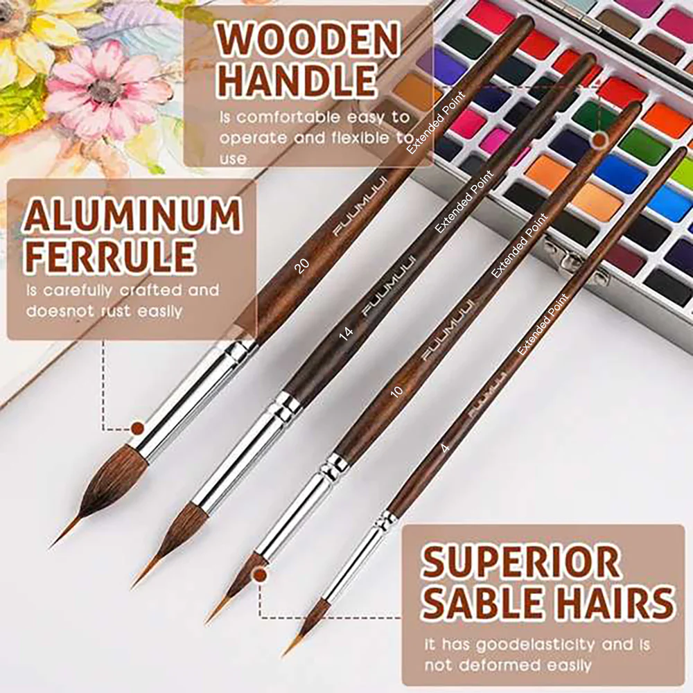 Fuumuui Professional Natural Sable Extended Points Brushes 4pcs/6pcs - Image 3