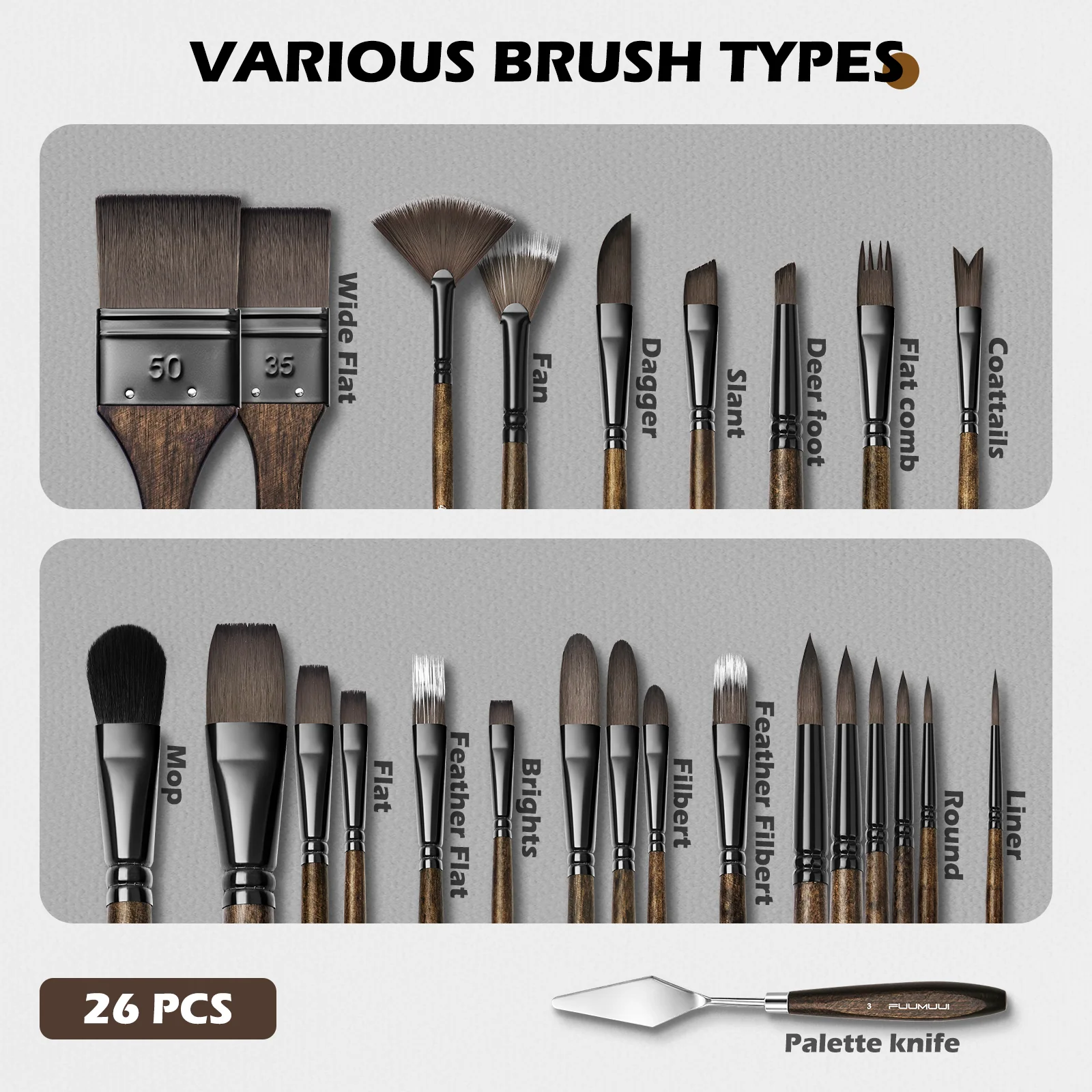 Fuumuui 26pcs Professional Paint Brush Set - Synthetic Nylon Paint Brushes for Acrylic, Oil, Watercolor, Gouache - Image 6