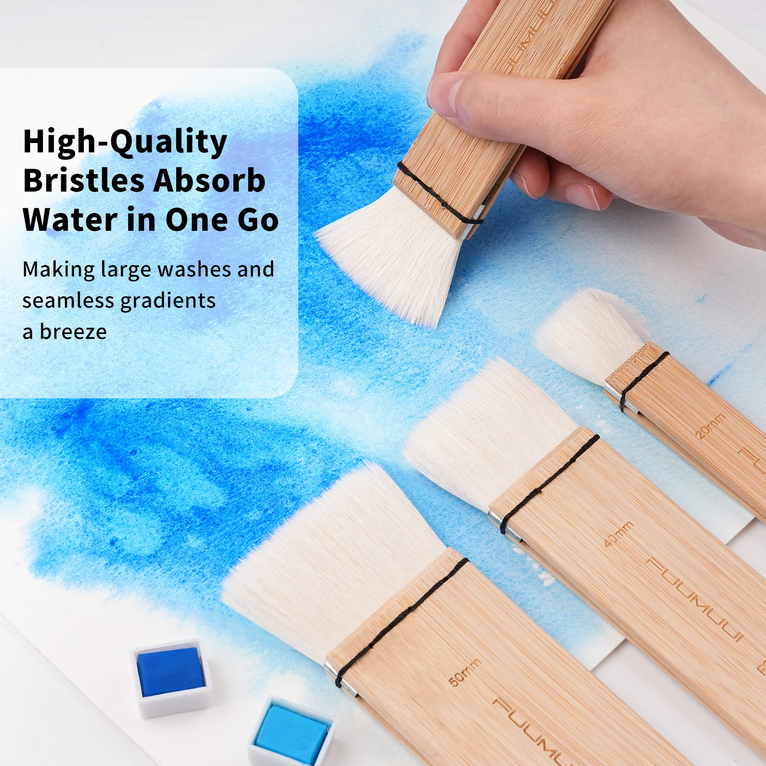 Fuumuui 4pcs Natural Goat Hair Watercolor Brushes – Extra Soft, High Absorption, Perfect for Washes, Backgrounds, and Large Area Painting - Image 5