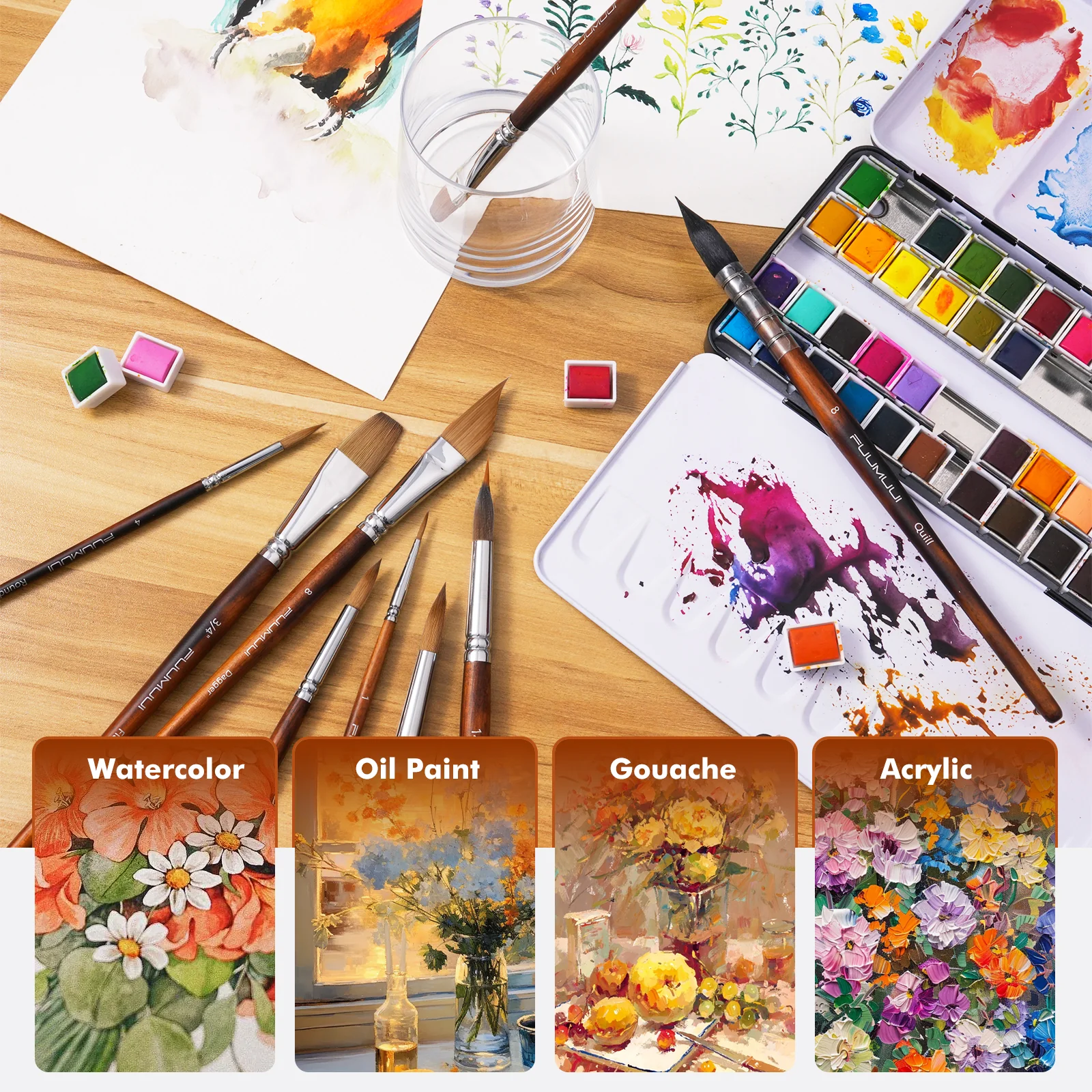 Fuumuui 9pcs Professional Watercolor Brushes, Includes Needle Tip Brush and Mop - Image 9