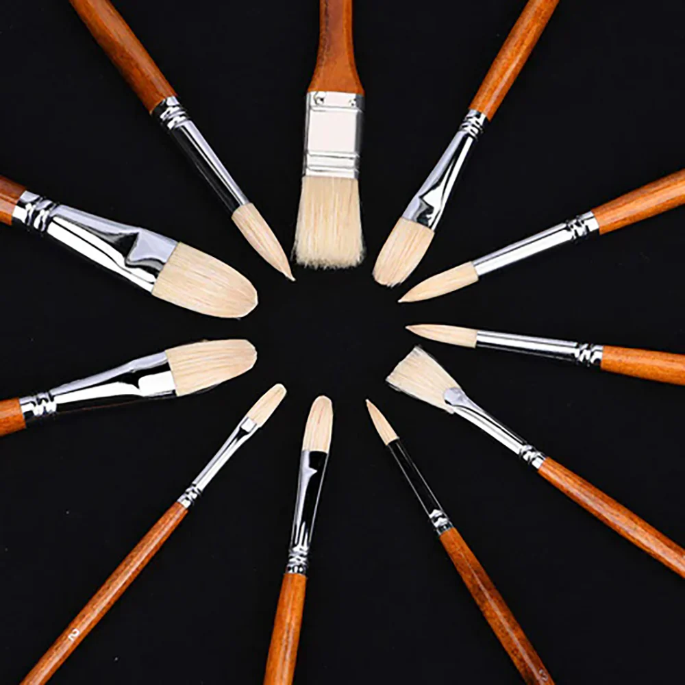 11pcs Professional Natural Hog Bristles Paint Brush Set | Red Handle - Image 5