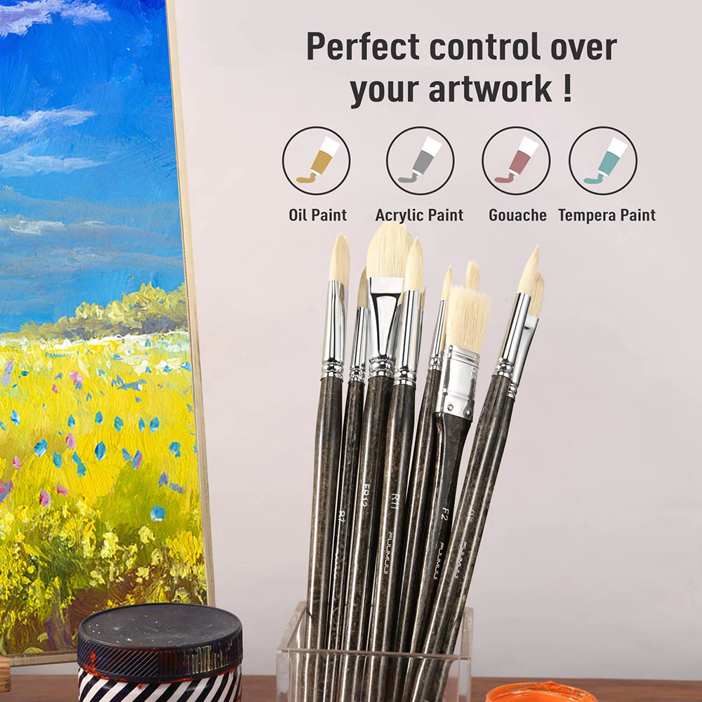 Fuumuui 11pcs Professional Natural Hog Bristles Paint Brush Set - Image 5